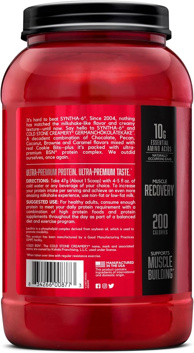 BSN Syntha-6 Whey Protein Powder Cold Stone Creamery- Germanchökolätekäke Flavor Micellar Casein Milk Protein Isolate Powder 25 Servings