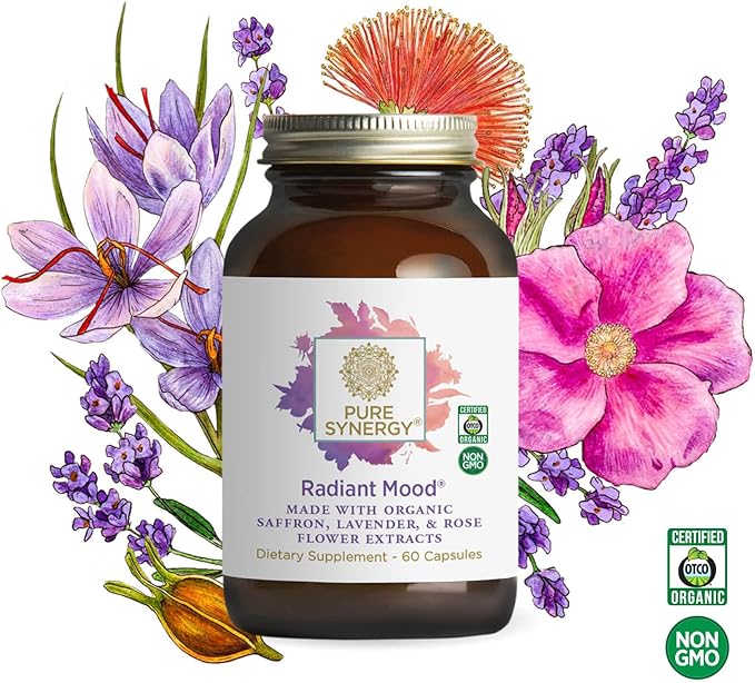 Pure Synergy Radiant Mood | Natural Mood and Sleep Supplement with Organic Saffron | with Saffron Lemon Balm and Magnolia Bark | for Sleep and Stress Support (60 Capsules)