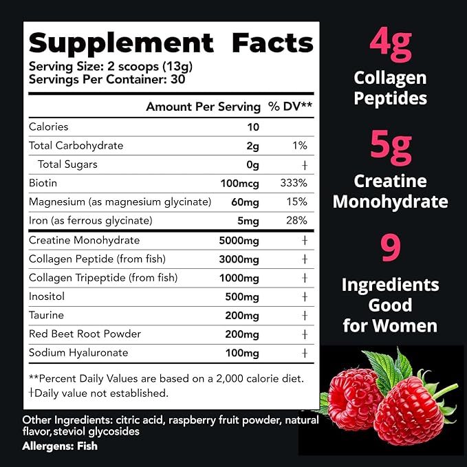 Creatine for Women | 5g Creatine Monohydrate + 4g Collagen Peptides Complex Creatine Powder | Sugar-Free Gluten-Free Non-GMO Easily Soluble | Raspberry 30 Servings