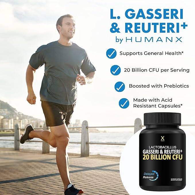 HUMANX Lactobacillus Gasseri &amp Reuteri+ 20 Billion CFU Plus Organic Prebiotics and Punicaligans - Probiotic Supplements - USA Made - Non-GMO - Performance Driven Delayed Release Capsule