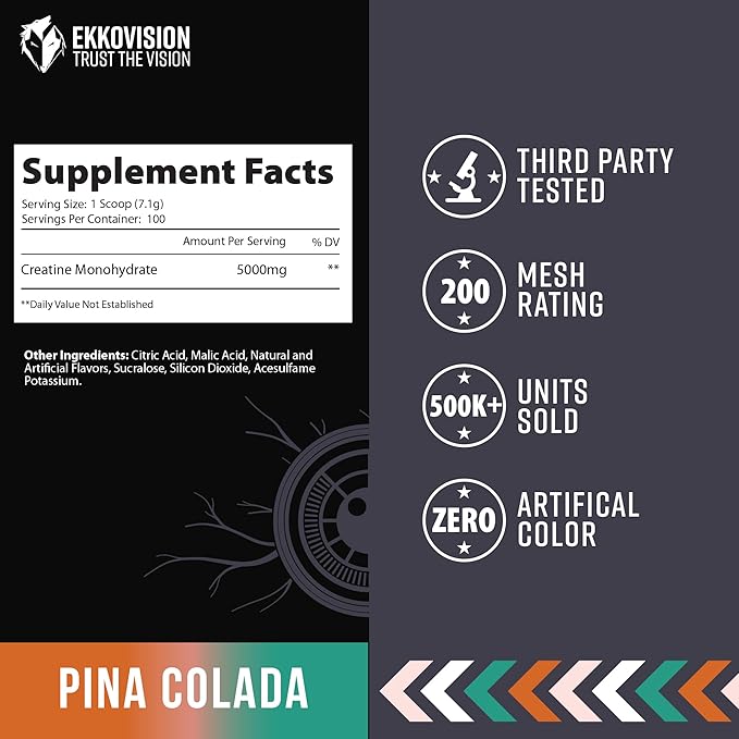 Ekkovision Creatine Monohydrate Powder Micronized Pina Colada Pre Workout &amp Post Workout Supplement for Men &amp Women Energy Support Easy to Mix in Shakes Smoothies &amp Beverages 100 Se
