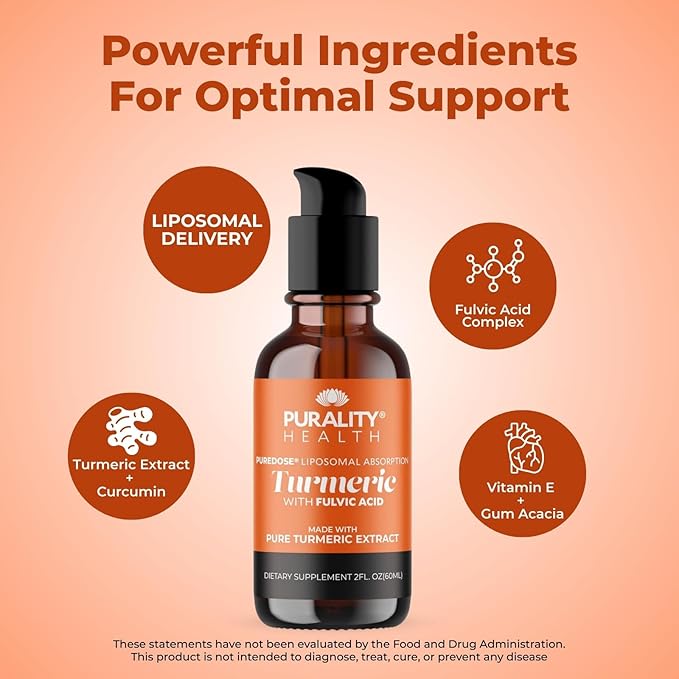 PURALITY HEALTH Liquid Turmeric with Fulvic Acid Liposomal Enhanced Absorption Vegan Formula | Easy-to-Use Pump for Liquids Supports Joint Health &amp Daily Wellness Month Supply