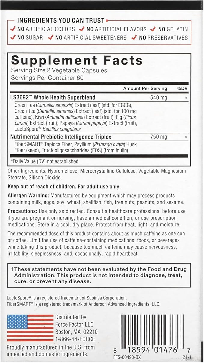 Force Factor ProbioSlim + Prebiotic Fiber Weight Loss Supplement for Women and Men Probiotic and Prebiotic Digestive Health Support with Green Tea Extract and Psyllium Husk Fiber 120 Capsules
