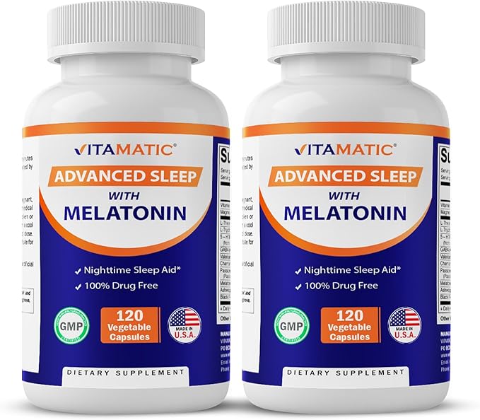 Vitamatic Advanced Sleep Aid with Melatonin - 120 Vegie Capsules -2 Pack Made with B6 Magnesium L-Theanine L-Tryptophan 5-HTP GABA Valerian Chamomile Passion Flower Ashwagandha &amp Black Pe