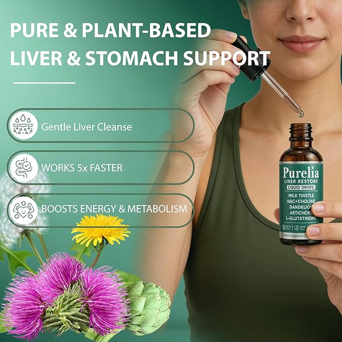 Purelia Liver Restore Drops – Complete Liver Detox Support Supplement with Milk Thistle Dandelion &amp L-Glutathione for Liver Cleanse &amp Digestion Aid Health 2 Fl Oz (1)