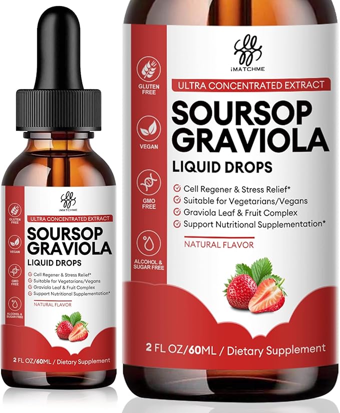 iMATCHME Soursop Graviola Liquid Drop for Cell Support &amp Regeneration Immune System and Gut Health Support Soursop Bitters Liquid Herbal Goodness Sugar/Gluten Free Strawberry Flavor 2 Fl Oz