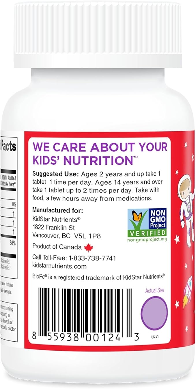 KidStar Nutrients BioFe Pure Iron Chewables Natural Grape Flavour 10 Mg Iron Per Tablet No Sugar 60 Chewable Tablets