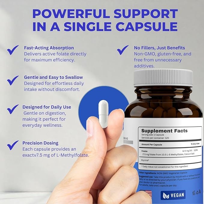 L Methylfolate 7.5 mg | 120 Caps | Value Pack | Max Potency | Active Folate | Gluten Free | Methyl Folate 5-MTHF | No Filler Doctor Designed and Formulated