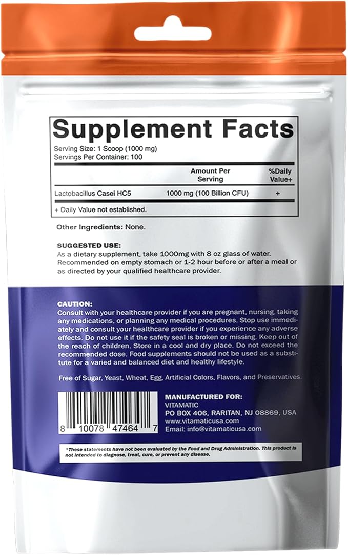 Vitamatic Lactobacillus Casei Probiotic Powder - Digestive Health Support - 100 Gram (3.5 OZ) - 100 Servings