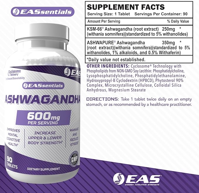 EAS Experimental and Applied Sciences Ashwagandha 600mg | Supports Improved Relaxation &amp Mental Clarity | Strength &amp Muscle Recovery | Better Absorption with Cyclosome Delivery | 90 Tablets