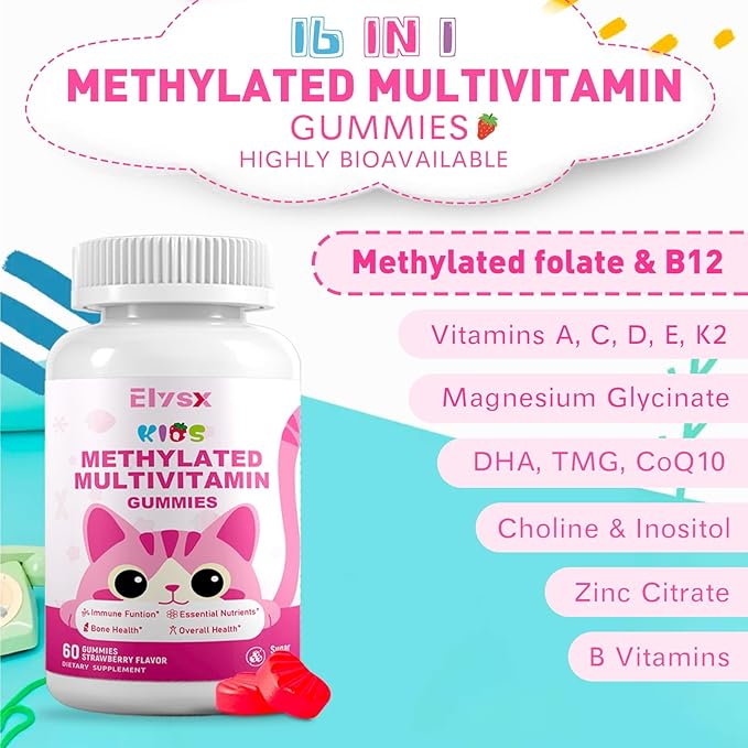Kids Methylated Multivitamin Chewable Gummies MTHFR Supplement with L Methylfolate Magnesium Biotin Choline Inositol DHA TMG &amp Coq 10 Immune &amp Brain Support Strawberry Flavor 120 Ct