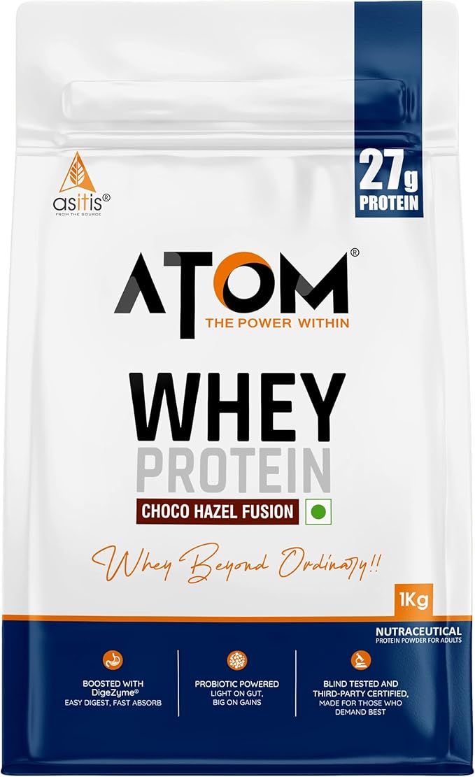 AS-IT-IS Atom Whey Protein 1kg/35.2 Oz With Digestive Enzymes | Usa Labdoor Certified for Accuracy &amp Purity | Choco Hazel Fusion Flavor | 27g Protein | 5.7g Bcaaâ
