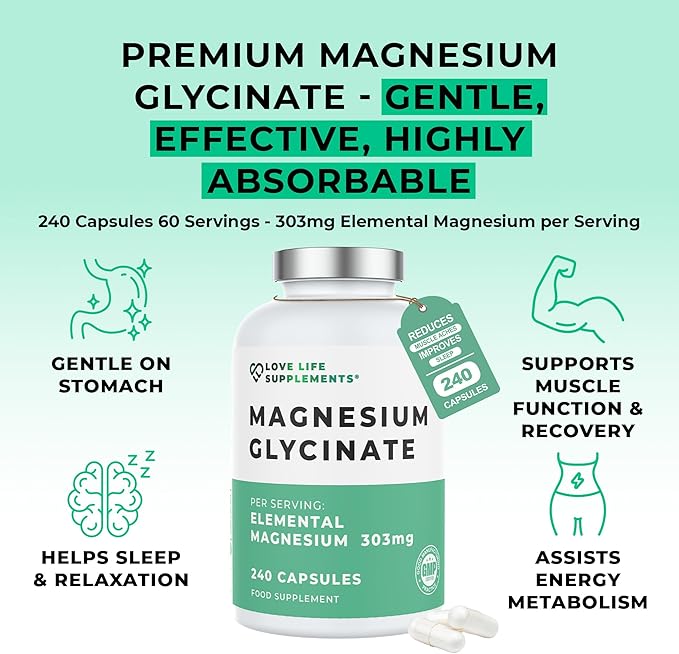 Magnesium Glycinate (Bisglycinate) | Chelated Magnesium Supplements | 2750mg (303mg Magnesium) | 240 Capsules / 60 Servings | Highly Bioavailable | Made in UK - GMP Certified | Love Life Supplements