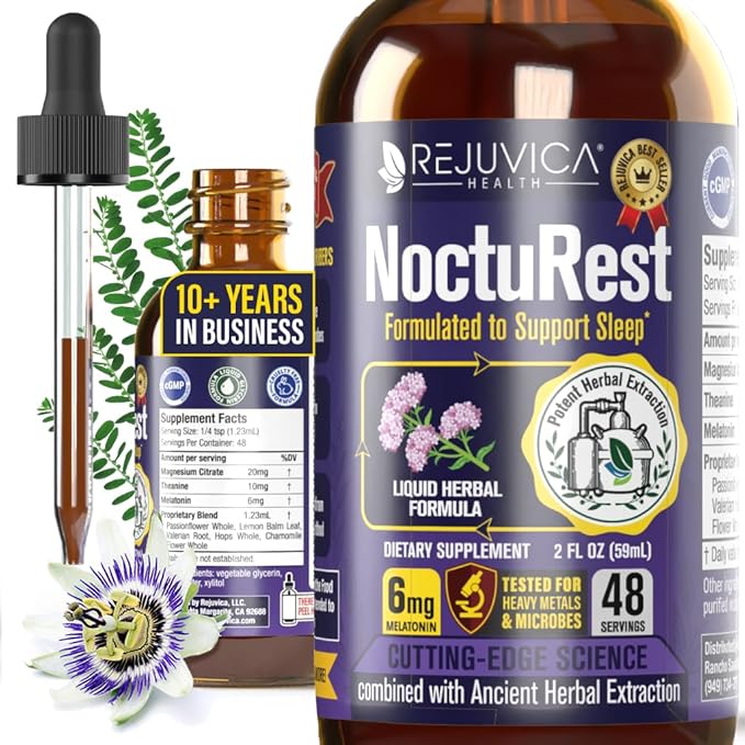 Rejuvica Health NoctuRest Liquid Melatonin Drops for Adults – Natural Sleep Aid with Magnesium L-Theanine &amp Valerian Root – Nighttime Sleep Support for Calm &amp Rest - 2X Absorption Drops - 2 F