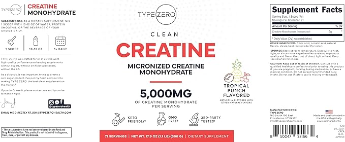Type Zero Creatine Monohydrate Powder 500 Grams Tropical Punch Flavored - Gluten-Free