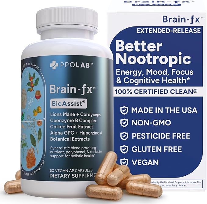 PPO Lab® Brain-fx™ Extended-Release Vitamins for Brain Health Supplement for Memory and Focus with Nootropics BDNF Factor Methylated B Complex L-Theanine Lions Mane Alpha GPC - 60 Capsules