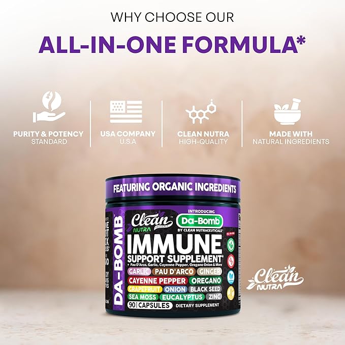 Organic Immune Support with PAU D'Arco Garlic Cayenne Pepper Oregano Ginger Grapefruit Onion Black Seed Sea Moss Black Pepper Zinc Eucalyptus Vitamin C Vitamin D Organic Soursop by Clean Nutra