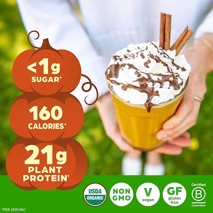 Orgain Organic Vegan Protein Powder Pumpkin Spice Seasonal Flavor - 21g of Plant Protein 5g Prebiotic Fiber No Lactose Ingredients No Added Sugar Non-GMO For Shakes &amp Smoothies 1.02 lb