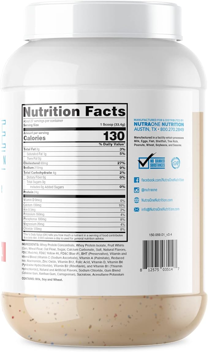 NutraOne ProteinOne Whey Protein Promote Recovery and Build Muscle with a Protein Shake Powder for Men &amp Women (Fruity Bites Cereal - 2 lbs.)