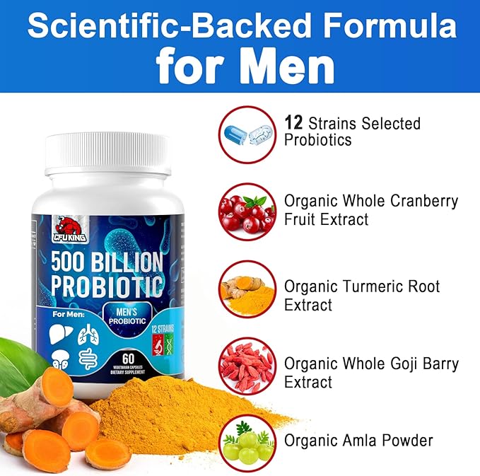 Probiotics for Men 500 Billion CFU &amp 12 Mens Probiotic for Digestive Health + 4 Organic Prebiotic Fiber for Digestive Gut Immune Health Bloating Gas Energy Support Shelf Stable - 60 Capsul