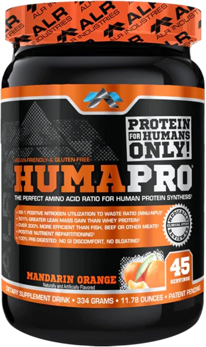Humapro | Amino Acids Protein Matrix for Humans | 99% Utilization for Lean Muscle | Vegan Gluten Free | 334g / 45 Servings (Mandarin Orange)