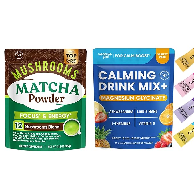 Venture Pal Ceremonial Grade Mushroom Matcha Powder + Venture Pal Calming Powdered Drink Mix - Energy Relax &amp Focus - Non GMO &amp Vegan