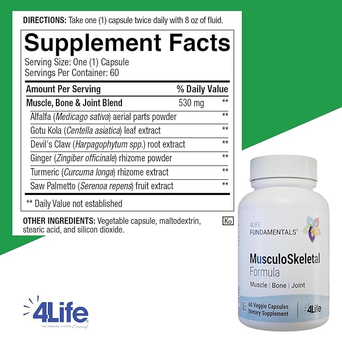 4Life Musculoskeletal Formula - Devil’s Claw Turmeric Gotu Kola and Alfalfa for Bone Joint Muscle and Tissue Health - 60 Veggie Capsules