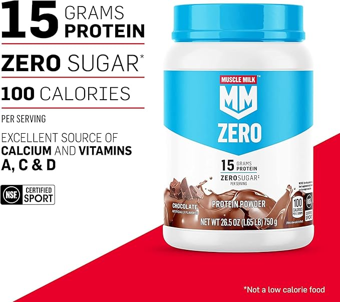 Muscle Mik ZERO Shake Chocolate 11.16 Fl Oz Bottles (Pack of 12) + Muscle Milk Zero 100 Calorie Protein Powder Chocolate 15g Protein 1.65 Pound 25 Servings