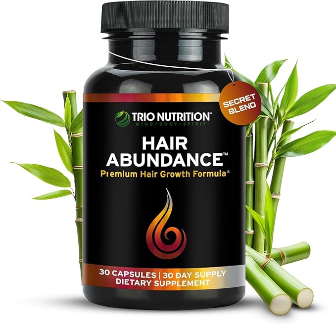 TRIO NUTRITION Hair Abundance | Natural Vitamin Supplement for Hair Growth Strong Nails and Smooth Skin| Boosted with Collagen Keratin Zinc &amp Selenium | Biotin 10000mcg | 30 Day Supply
