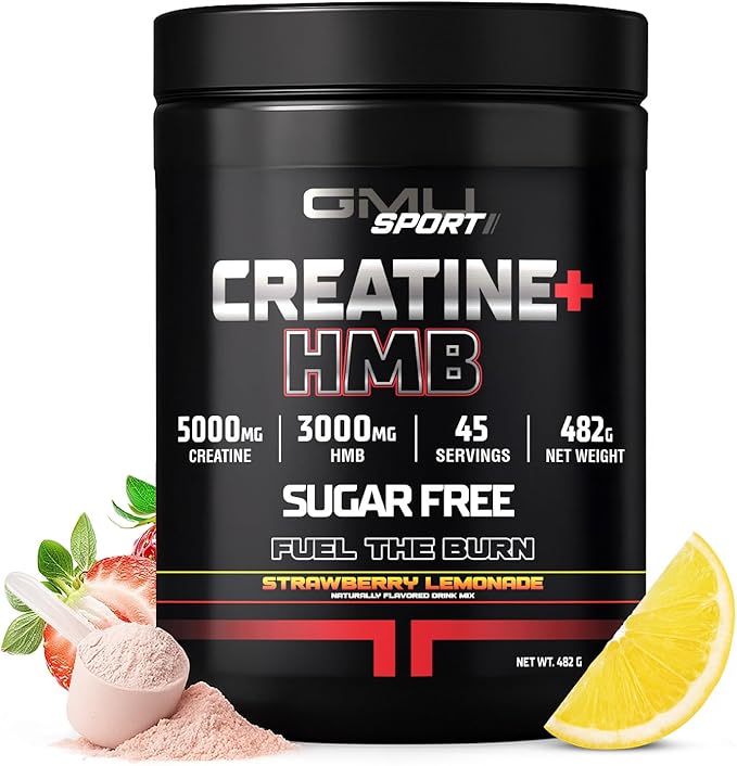 GMU SPORT Creatine 2.0 –Flavored Creatine + HMB Powder | 45 Servings |5g Creatine Monohydrate + 3g HMB + Piperine |Strength Recovery &amp Muscle Builder | Strawberry Lemonade Drink Mix for Men &amp
