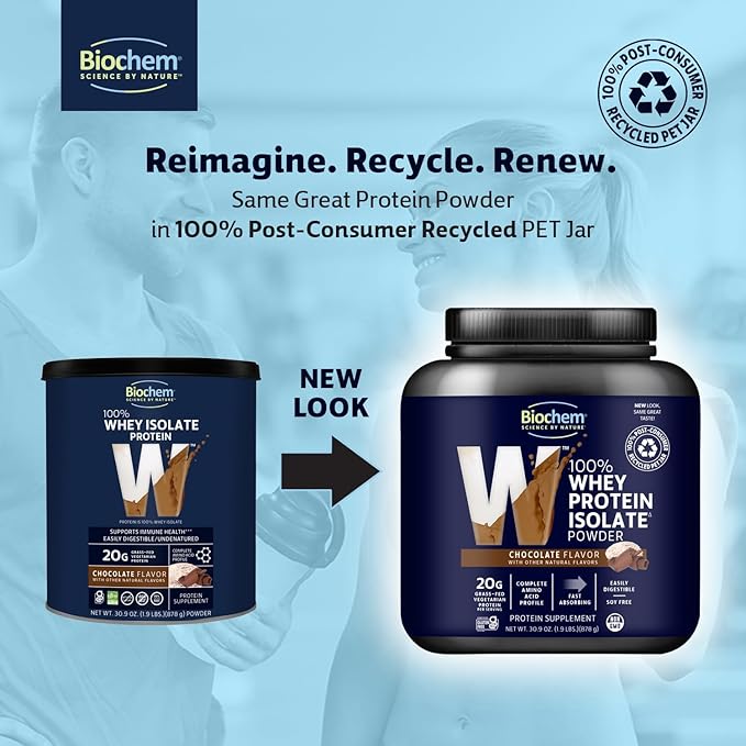 Biochem 100% Whey Isolate Protein Powder Chocolate Flavor 20g Grass-Fed Protein Keto Friendly Gluten Free Vegetarian Easily Digestible 30.9 oz 28 Servings