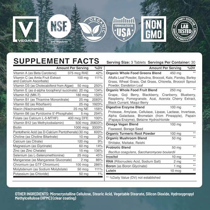 Abundant Earth Whole Food Multivitamin for Women Daily Multi Vitamins Supplements for Men/Mens Multivitamins + B Complex Probiotic Multi Enzyme Omegas for Organic Energy Mood Digestion 90ct
