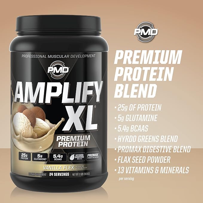 PMD Sports Amplify XL Premium Whey Protein Supplement Hydro Greens Blend - Glutamine and Whey Protein Matrix with Superfood for Muscle Strength and Recovery - Vanilla Flex (24 Servings)