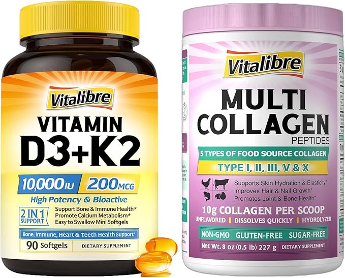 Multi Collagen Peptides Powder 8oz &amp Vitamin D3 K2 10000 IU