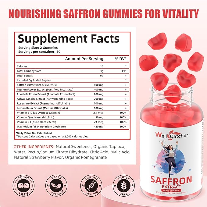 Saffron &amp Mushroom Complex Gummies for Kids Adults Support Focus Positive Mood Memory Sugar Free Organic No Artificial Colors &amp Flavors