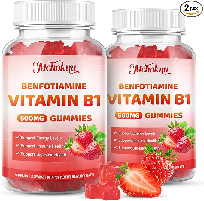 Vitamin B1 Gummies 500mg with Benfotiamine | High Potency Thiamine Supplement for Women &amp Men Energy Support | Sugar Free Vegan Non-GMO | Natural Strawberry Flavor 120 Count