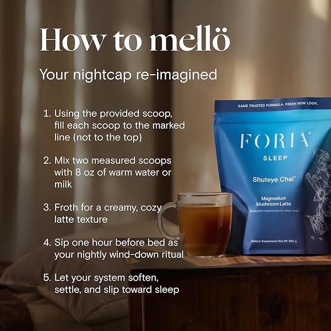 Foria Mellö - Shuteye Chai Magnesium Glycinate Drink Powder for Sleep - Magnesium L Theanine GABA and Mushroom Superblend - Masala Chai Flavor (30 Servings)