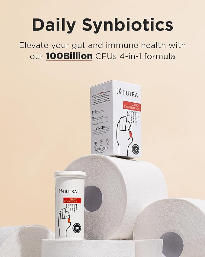 K-Nutra Daily Synbiotic+ | 30 Capsules | 4-in-1 Prebiotics Probiotics &amp Postbiotics | 100 Billion CFUs | Gut &amp Digestive Health Supplement for Women &amp Men