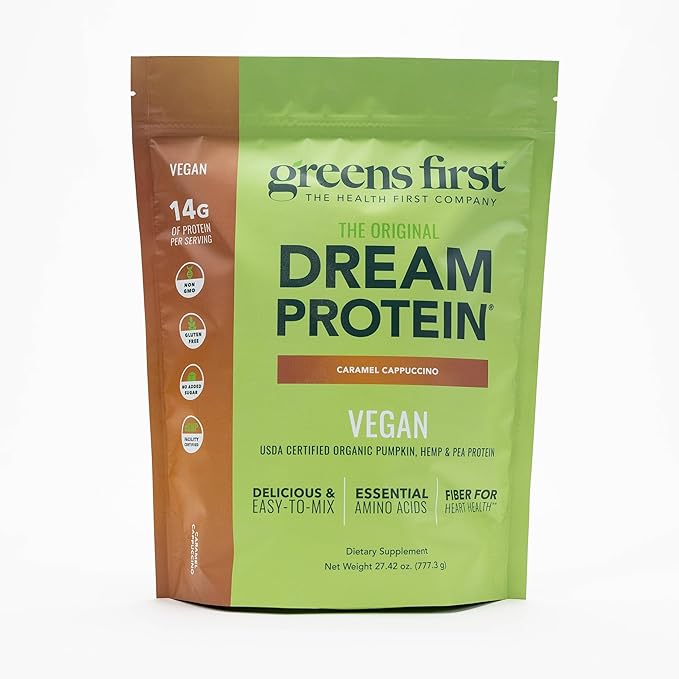 Greens First Dream Protein Plant-Based Vegan Powder - USDA Organic Pumpkin Hemp &amp Pea Protein - Gluten-Free Non-GMO No Added Sugar (Caramel Cappuccino 27.42 oz)