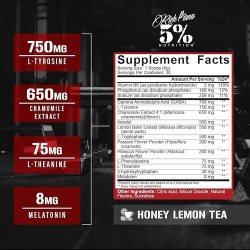 5% Nutrition Rich Piana Knocked Out Natural Sleep Aid Powder | Post-Workout Recovery &amp Deep Sleep Supplement | GABA Melatonin Chamomile Tyrosine 5-HTP &amp More | 30 Servings (Honey Lemon Te