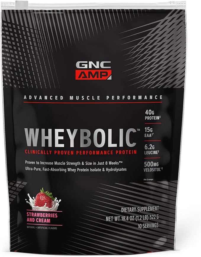 GNC AMP Wheybolic Clinically Proven Protein Powder 40g Whey Protein BCAA Leucine Increases Muscle Strength Muscle Building 3rd Party Tested Gluten Free Strawberries and Cream 10 Servings
