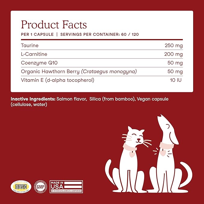 Fera Pets Cardiac Support - Cat &amp Dog Heart Supplement with Taurine L-Carnitine &amp CoQ10 - Promotes Normal Circulation and Heartbeat - 120 Capsules