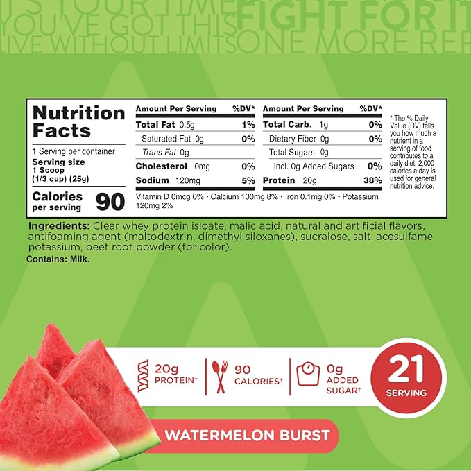 TransformHQ Clear Protein Powder (Watermelon Burst) 21 Servings - Whey Protein Isolate 20g of Protein 90 Calories 0g Added Sugars