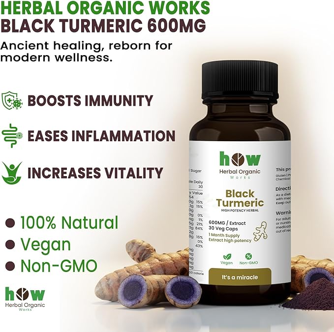 Black Turmeric Capsules Natural Herbal Supplement with Antioxidant Support | Helps Maintain Calm Comfort &amp Daily Wellness | 30 Plant-Based Capsules