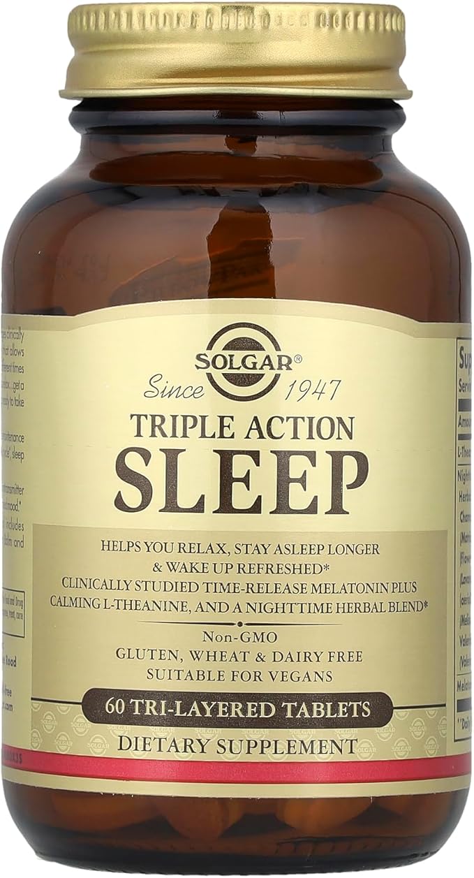 Solgar Triple Action Sleep 60 Tri-Layer Tablets - Time-Release Melatonin &amp L-Theanine Plus Herbal Blend - Helps You Relax Fall Asleep Fast &amp Stay Asleep Longer - Non-GMO Gluten Free - 60 Se