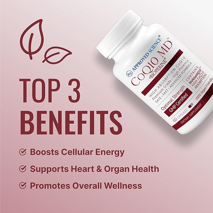 Approved Science® CoQ10 MD - Extra Strength Pure CoQ10 300mg with BioPerine® for Faster Absorption - Optimal Support Supplement - 60 Vegan Capsules