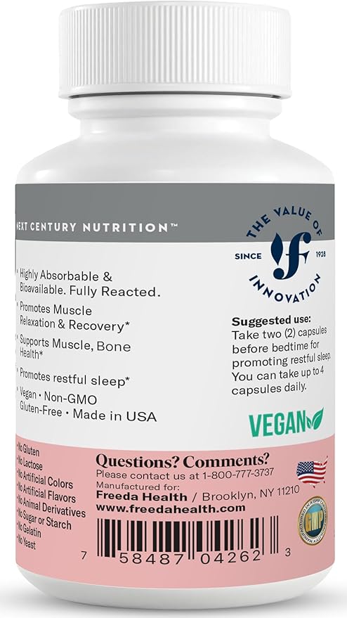 Freeda Magnesium Glycinate | High Absorption Chelated Magnesium | No Oxide | Supports Sleep Muscle &amp Nerve Function | Non-GMO Vegan Kosher | Gentle on Digestion | 90 Capsules