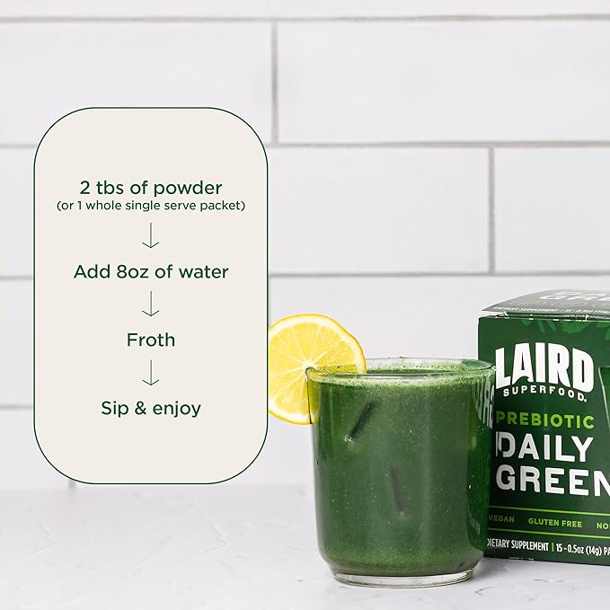 Laird Superfood Prebiotic Daily Greens Powder – Essential Vitamins &amp Minerals - Prebiotic Fiber Adaptogen and Fruits &amp Vegetables – Supports Gut Health – Non-GMO Vegan - 14.8 oz Bag Pack of