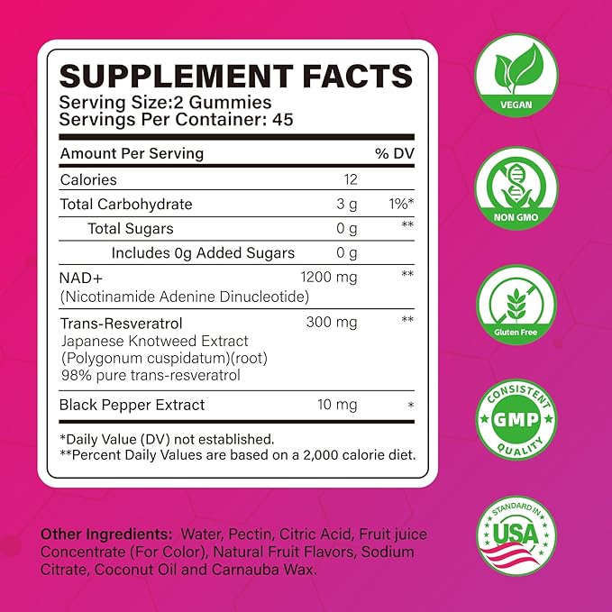 NAD Gummies for Women Men-1200mg Liposomal NAD+Resveratrol SupplementNicotinamide RibosideQuercetin for Anti-AgingCell ActivationDNA RepairStrawberry Flavor90 Count