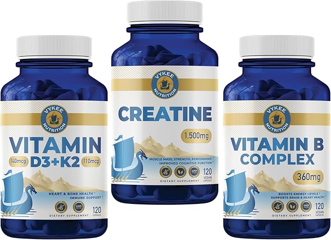 Vykee Nutrition Male Vitality Bundle – Vitamin D3 K2 Creatine &amp B Complex | Boosts Energy Strength &amp Hormonal Balance | Ideal for Active Men &amp Workout Recovery